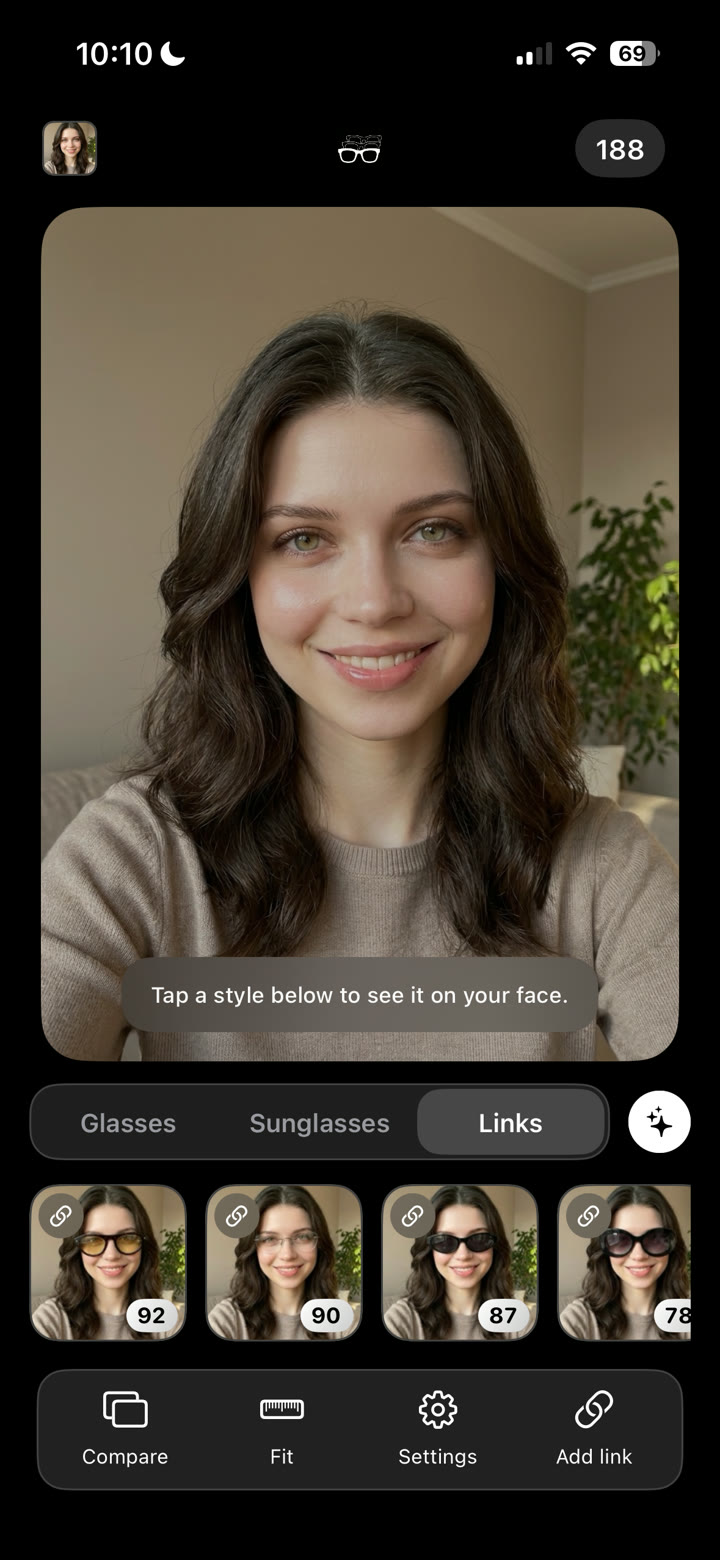 SpecFit home screen: the user's photo as a full canvas above a strip of frame styles, each carrying a fit score