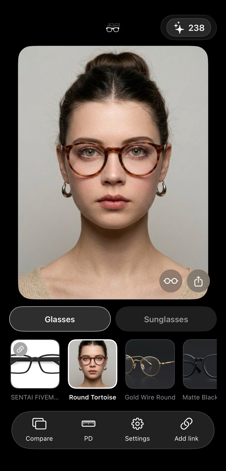 SpecFit try-on screen: the user's photo as a full canvas above a scrolling strip of real frame styles