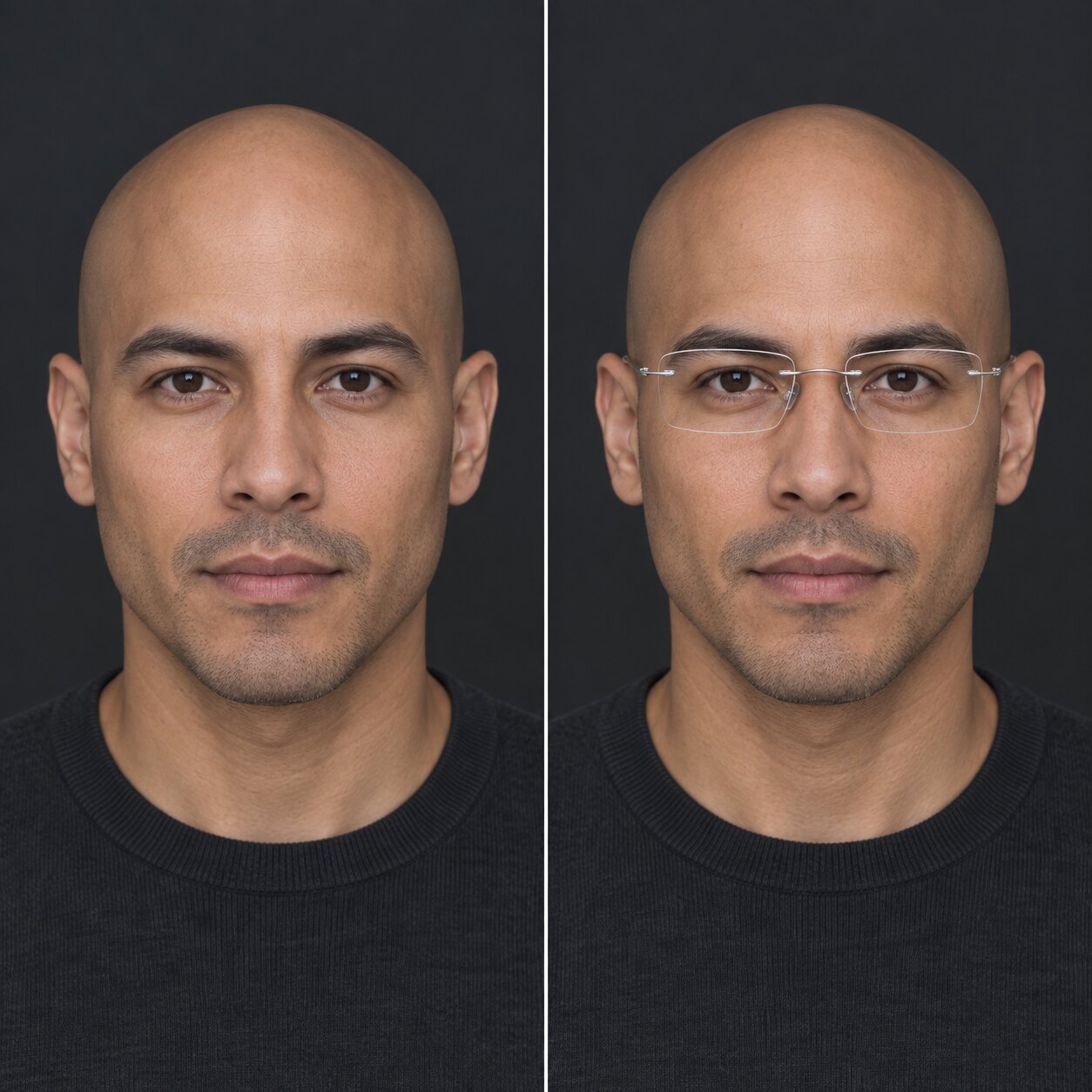 The same bald man with a diamond-shaped face shown without glasses and wearing lightweight titanium rimless glasses