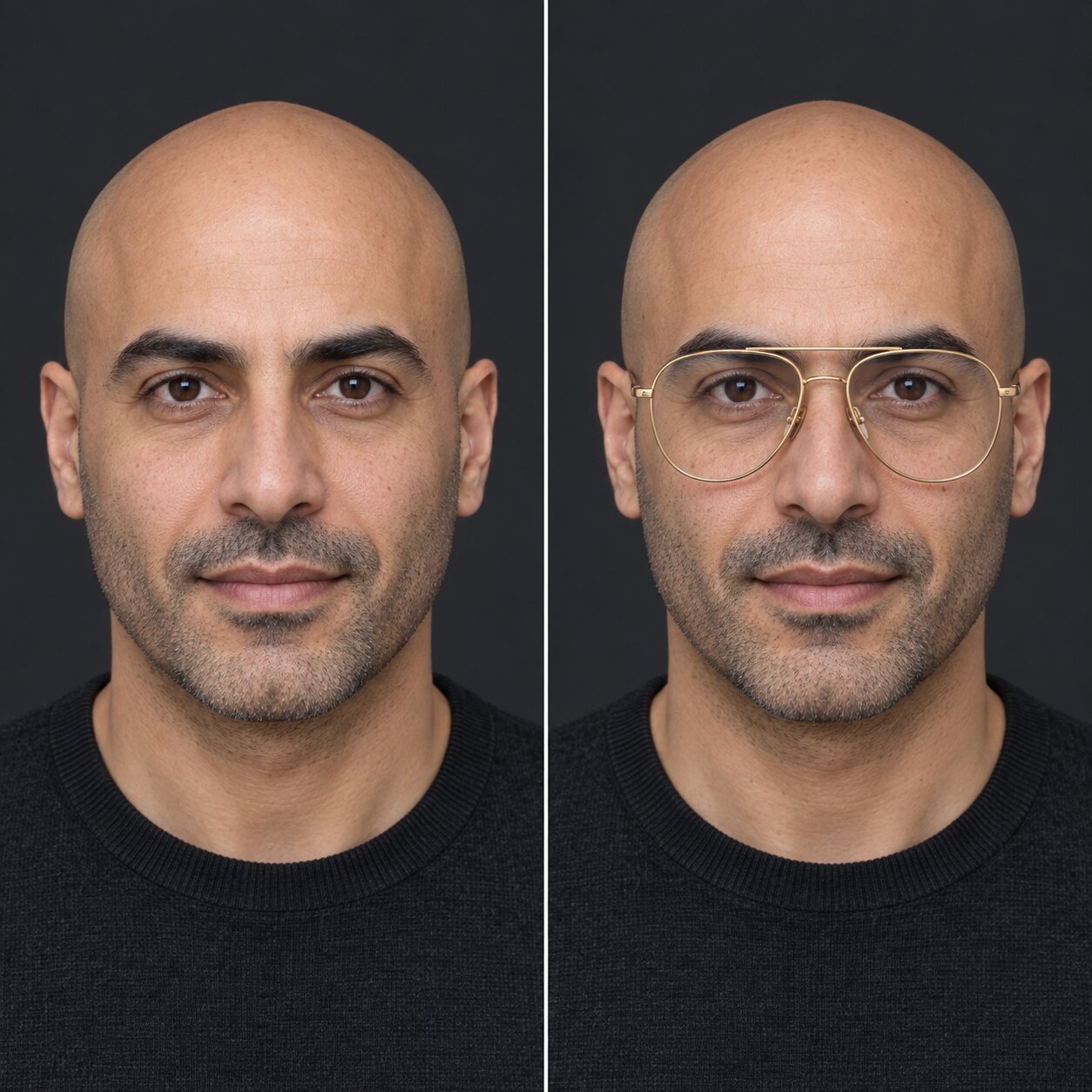 The same bald man with a heart-shaped face shown without glasses and wearing thin gold aviator glasses