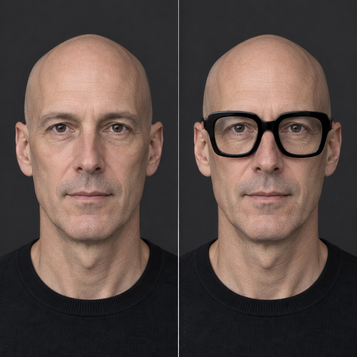 The same bald man with a long face shown without glasses and wearing deep oversized black glasses