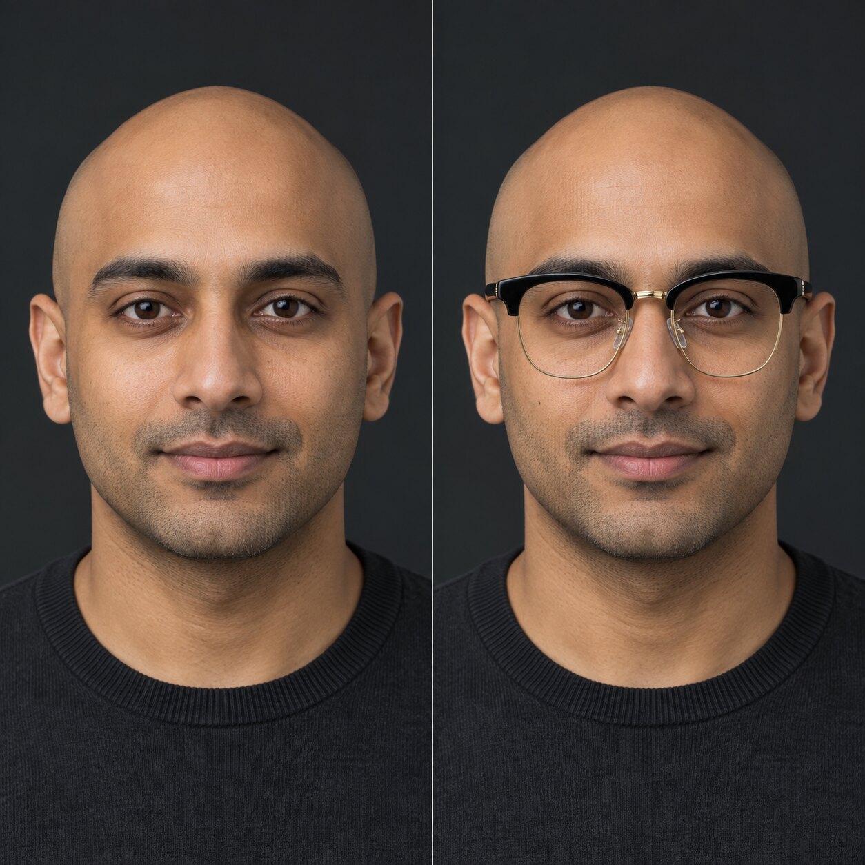The same bald man with an oval face shown without glasses and wearing black and gold browline glasses