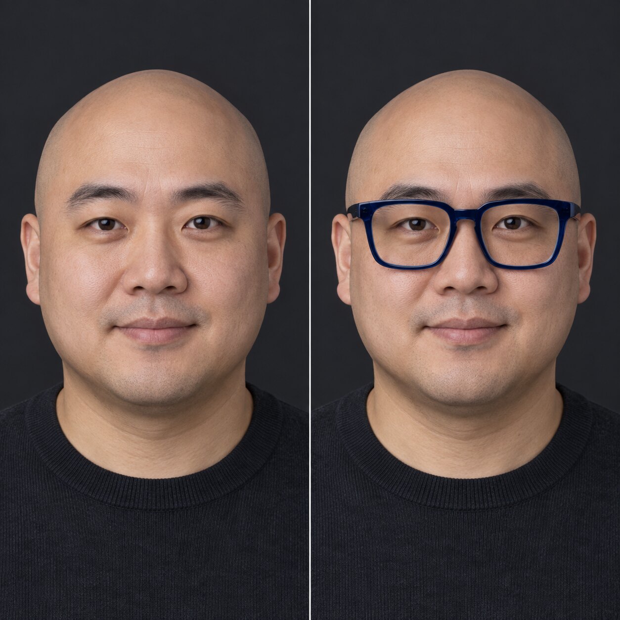 The same bald man with a round face shown without glasses and wearing angular navy square glasses