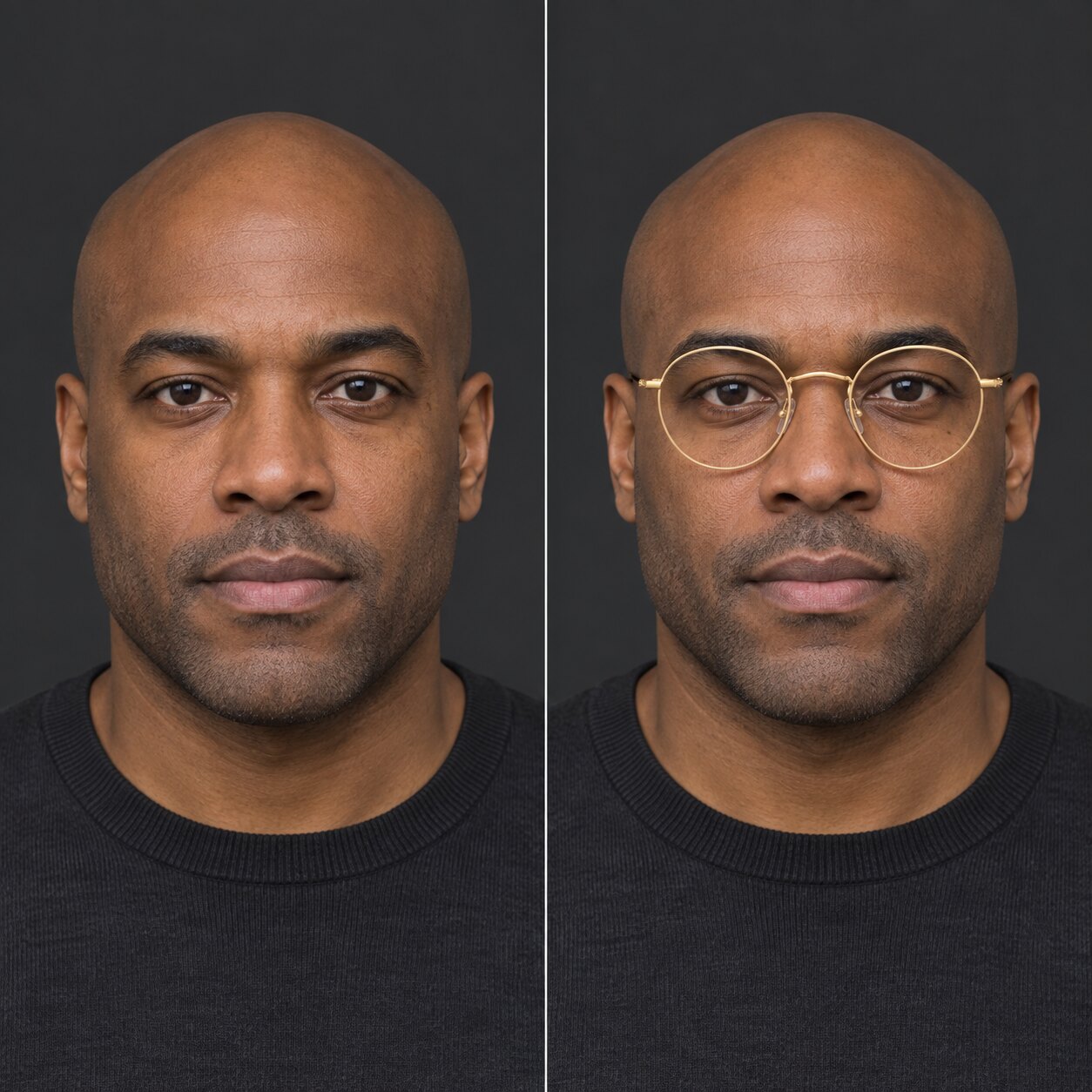 The same bald man with a square face shown without glasses and wearing thin gold round glasses