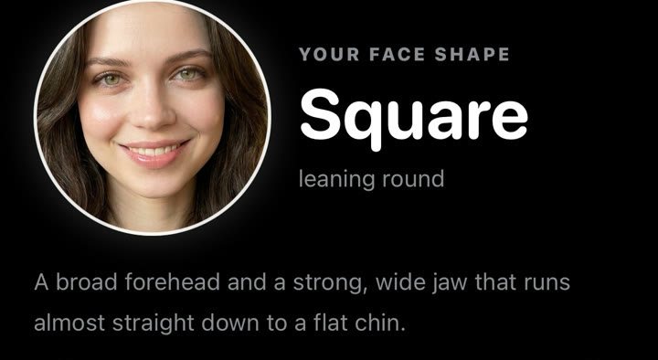 SpecFit's result screen showing a scanned face and a face shape read of Square, leaning round