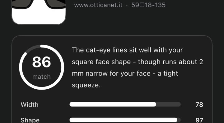 SpecFit fit check scoring a frame 86 match with width, shape and colour bars