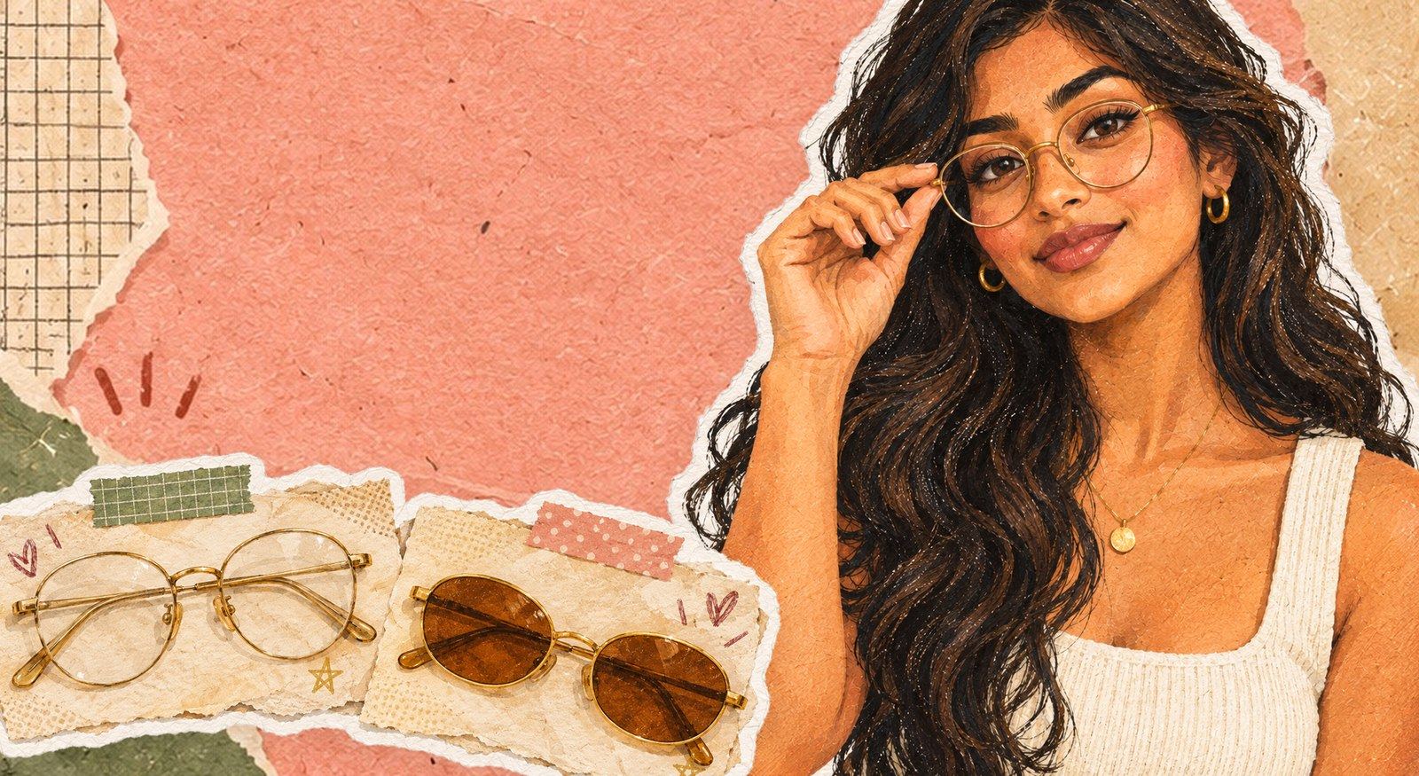 Thin round wire glasses and thin gold oval sunglasses laid out next to a portrait of someone wearing thin wire frames