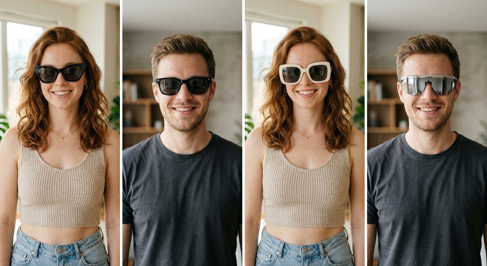 SpecFit sunglasses try-on renders: a black cat-eye and a white oversized square on a woman, a black square and a silver sport shield on a man