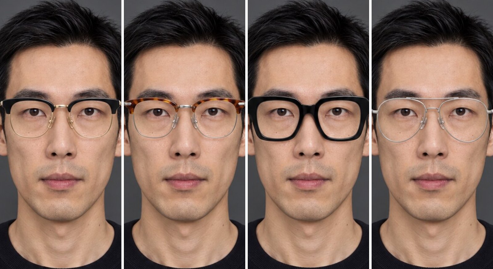 The same man in four SpecFit try-on renders: a black browline, a tortoise browline, a thick black square and a silver aviator frame