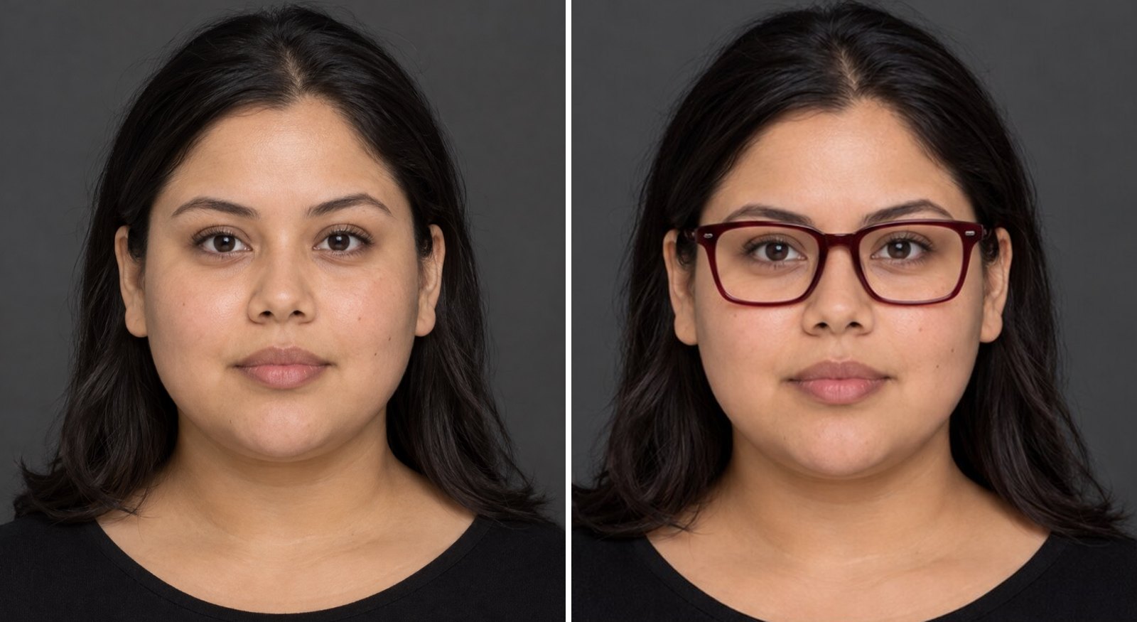 Before and after: a straight-on portrait photo with no glasses, and the same photo with a SpecFit render of burgundy rectangle glasses