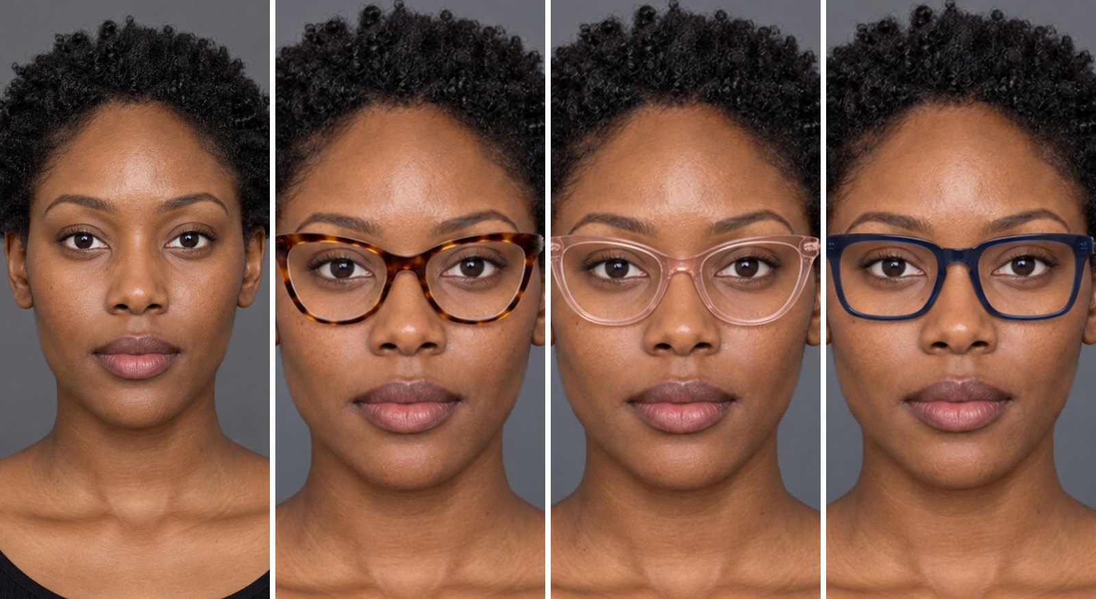 One woman's photo with no glasses, then SpecFit try-on renders of a tortoiseshell cat-eye, a clear pink cat-eye and a navy rectangle frame on the same face