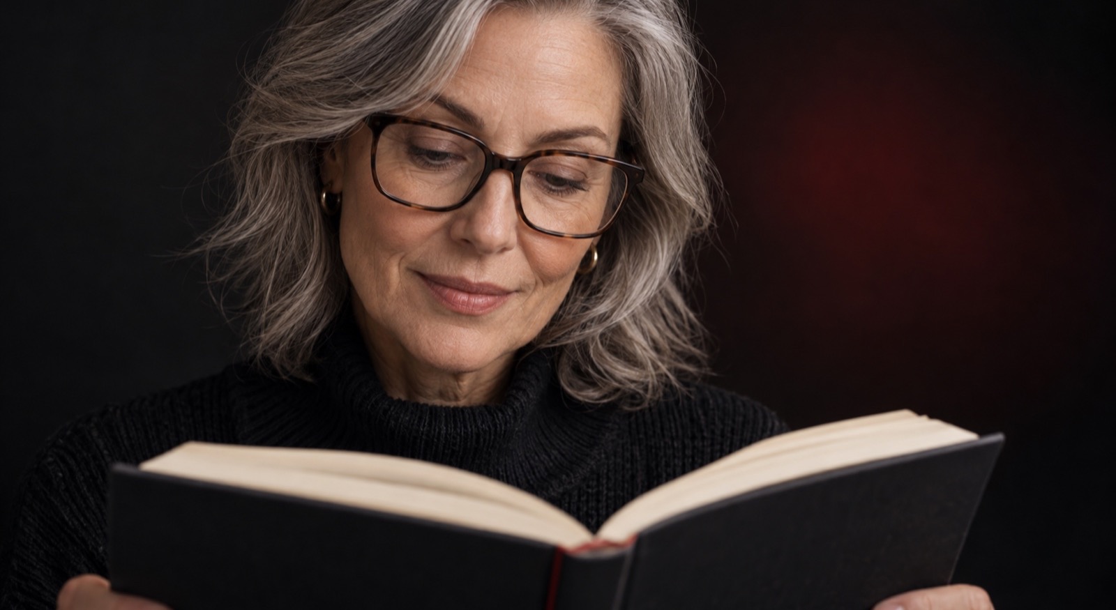 A woman reading through the lower zone of deep-lens progressive glasses