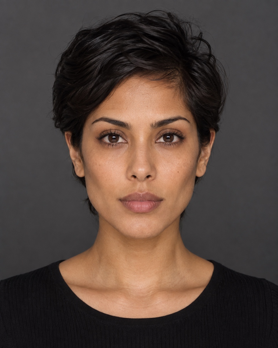 Front-facing portrait of a person with a diamond-shaped face and no glasses