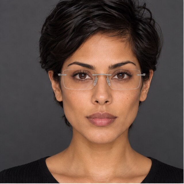 The same diamond-shaped face wearing titanium rimless glasses