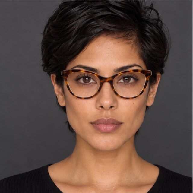 The same diamond-shaped face wearing tortoise cat-eye glasses