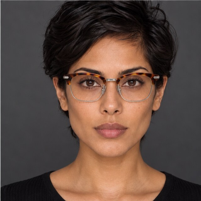 The same diamond-shaped face wearing tortoise browline glasses