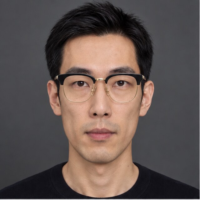 The same long face wearing classic browline glasses