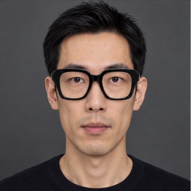 The same long face wearing oversized black glasses