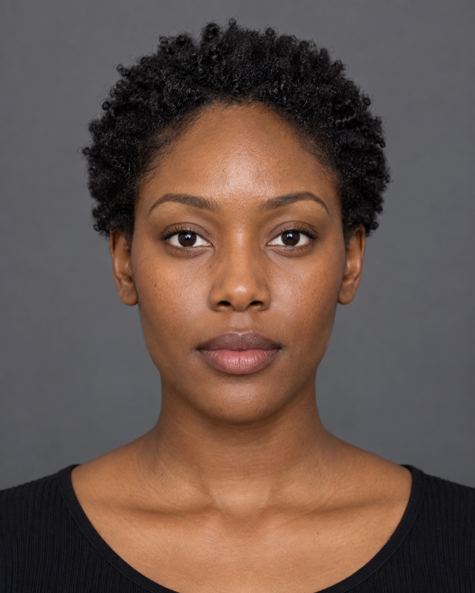 Front-facing portrait of a person with an oval face and no glasses