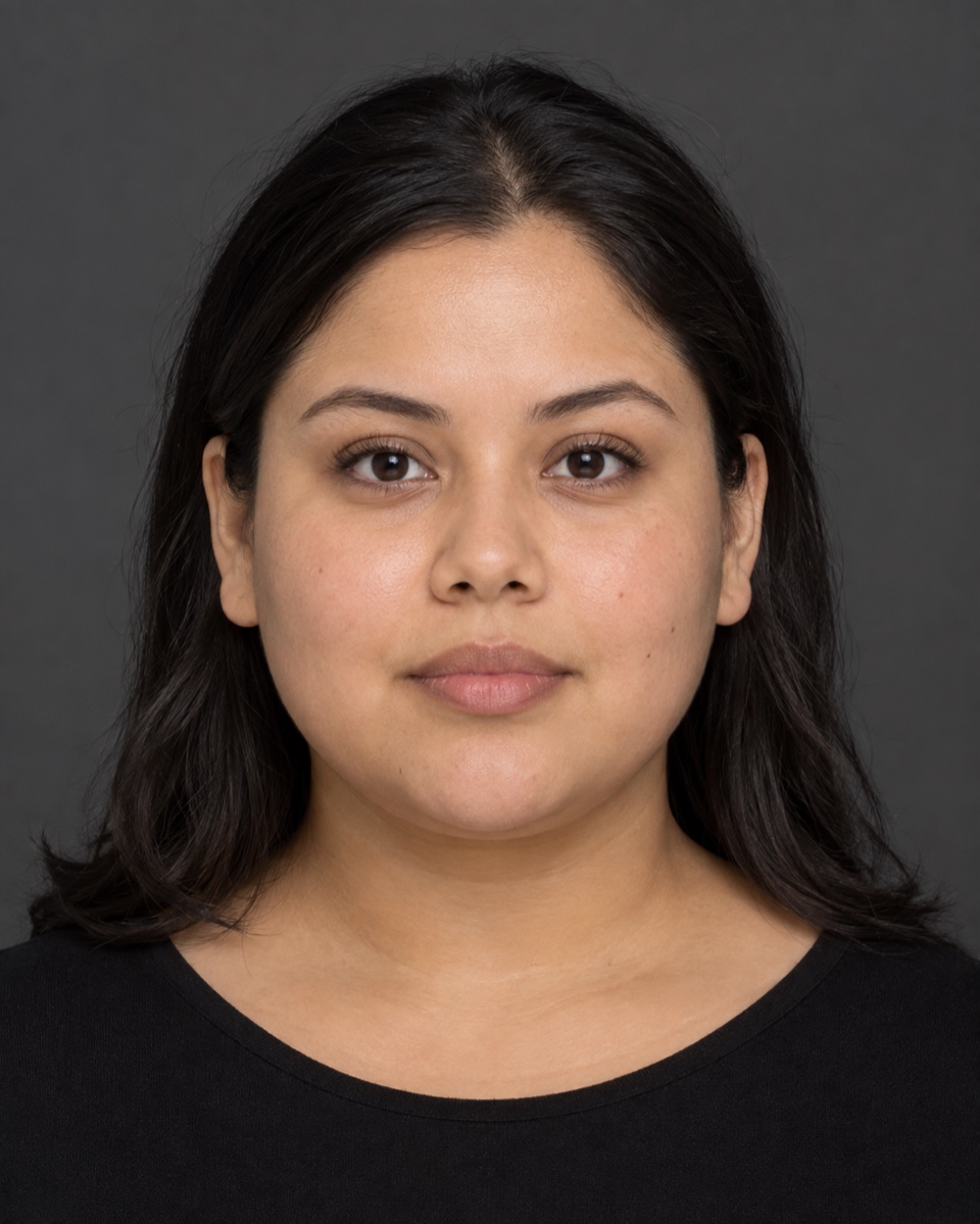 Front-facing portrait of a person with a round face and no glasses