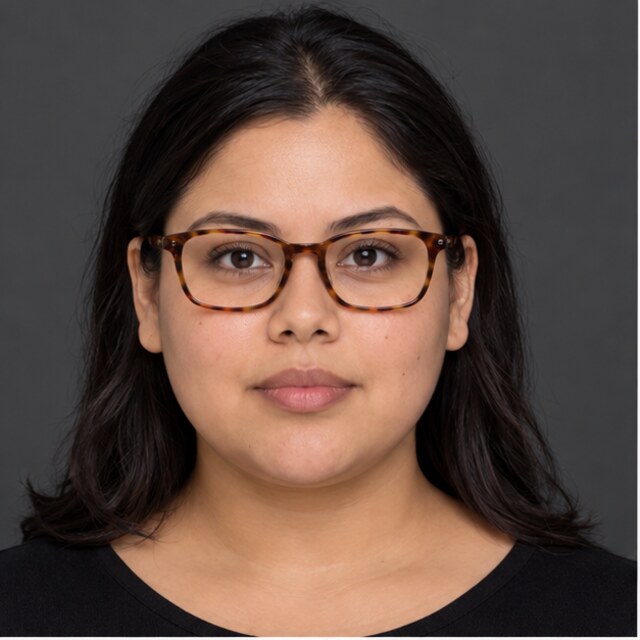 The same round face wearing slim tortoise rectangle glasses