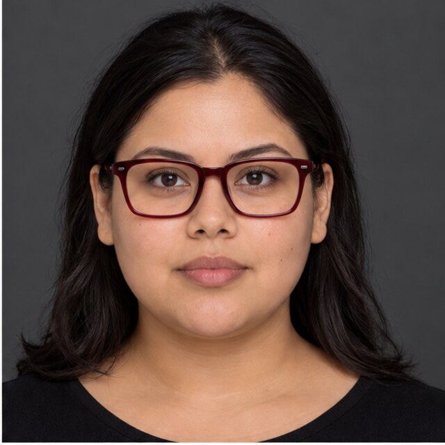 The same round face wearing burgundy rectangle glasses