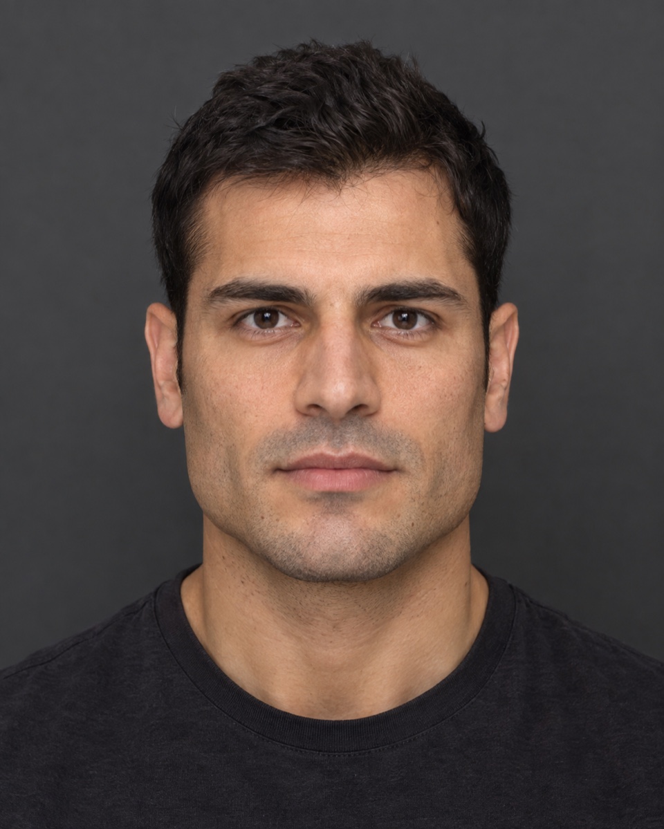 Front-facing portrait of a person with a square face and no glasses