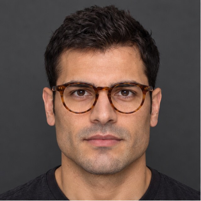 The same square face wearing round tortoise glasses