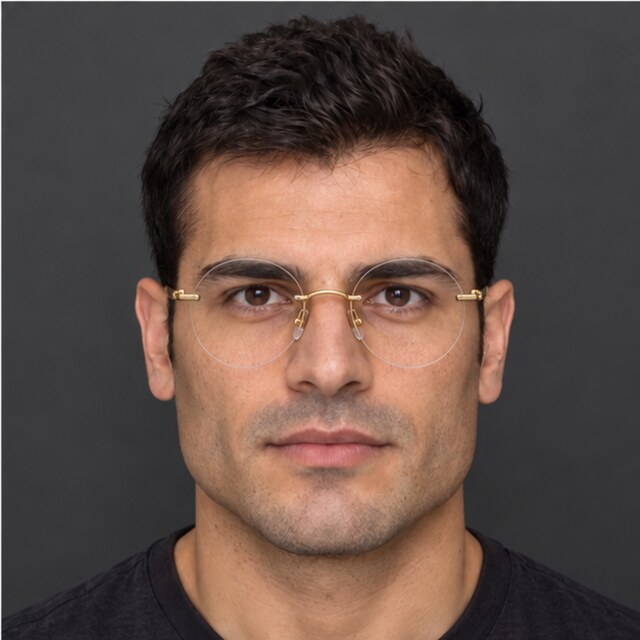 The same square face wearing gold rimless round glasses