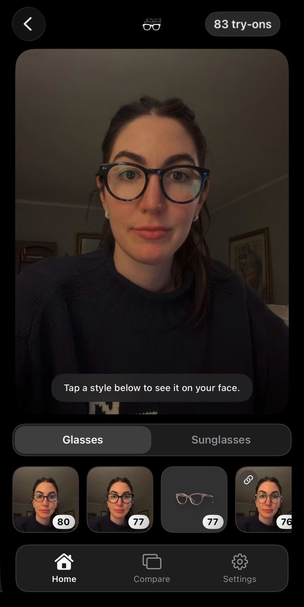 SpecFit try-on screen with the poster's photo and a row of frames scored 80, 77, 77 and 76