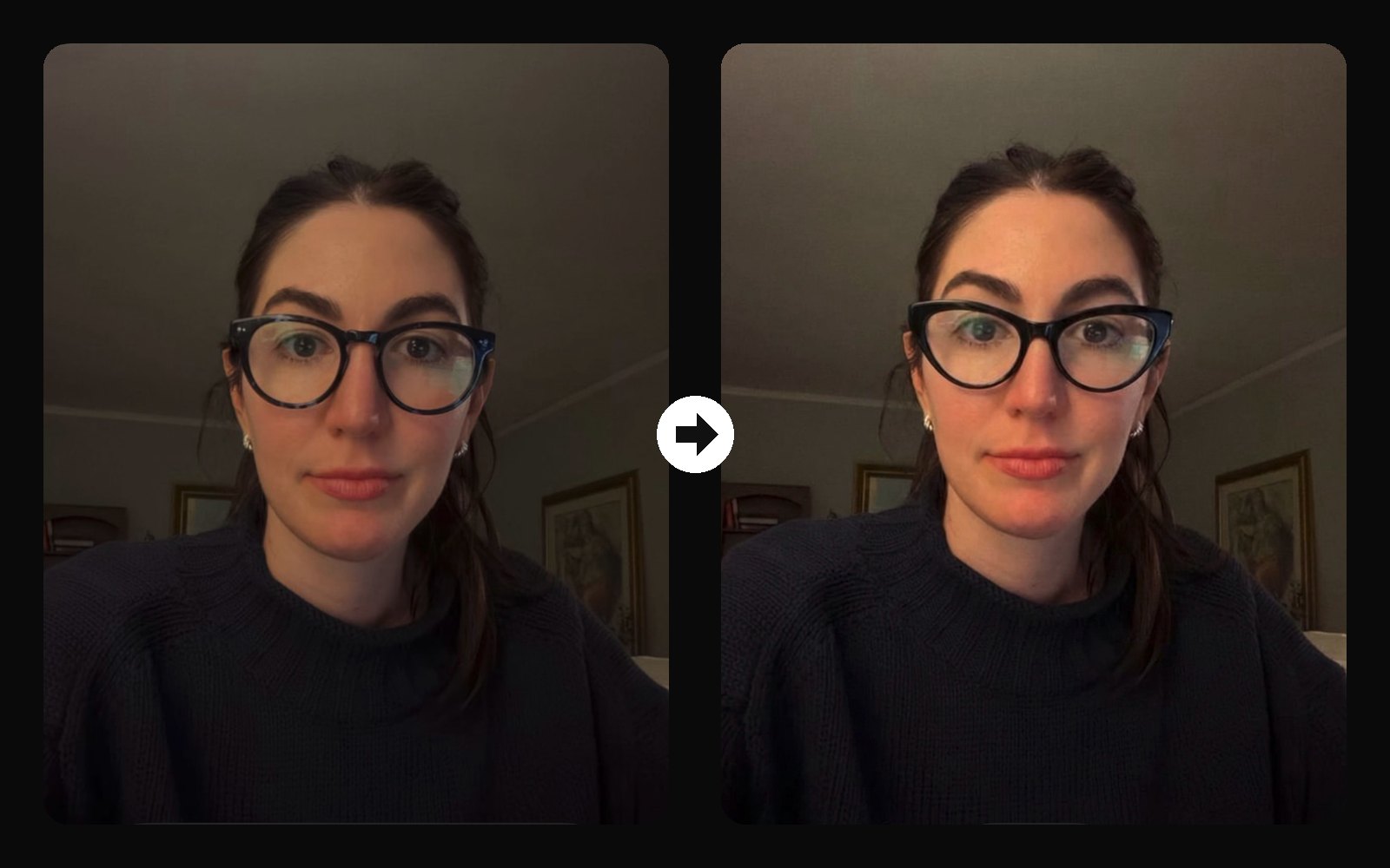 Before and after: her own round black frames next to the black cat-eye try-on