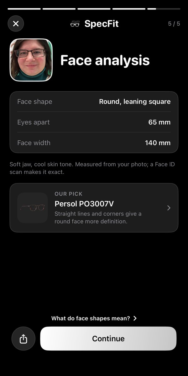 SpecFit face analysis: round, leaning square, eyes 65 mm apart, face 140 mm wide