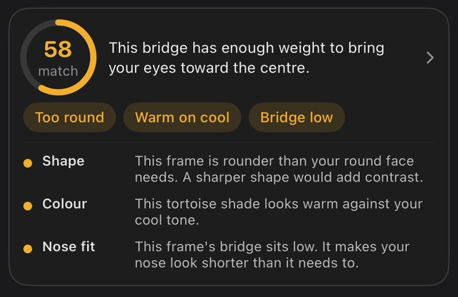 SpecFit fit notes for the tortoise oval frame: 58 match, too round, warm on cool, bridge low