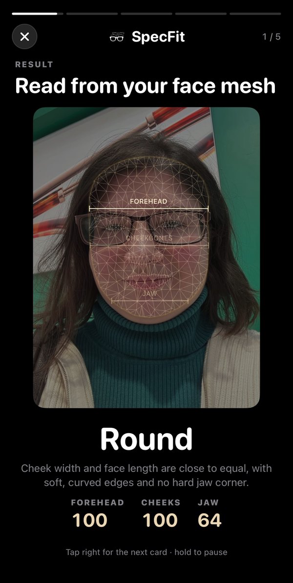 SpecFit face mesh result reading Round, with forehead 100, cheeks 100, jaw 64
