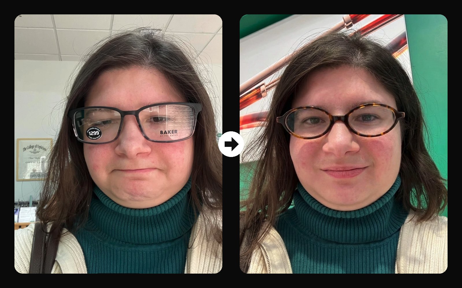 Before and after: the too-big black frame from photo 2 next to the tortoise oval try-on