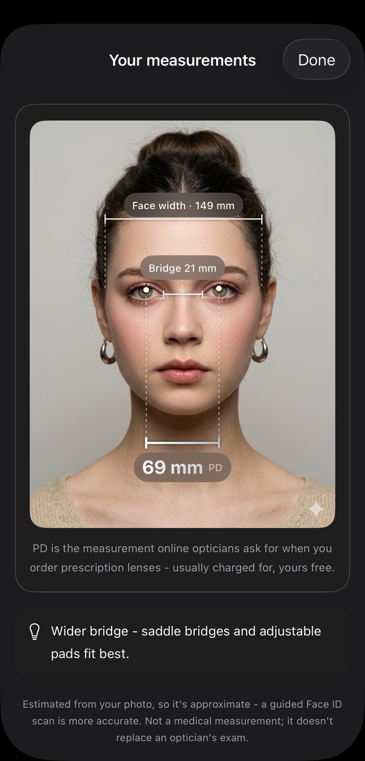 SpecFit measurements screen: pupillary distance, face width, and bridge width drawn as measurement lines on the user's own photo