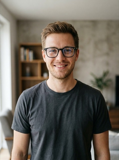Man wearing round black glasses in a photo-based try-on at home