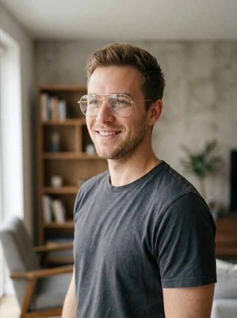Man trying on dark square glasses at home near a window