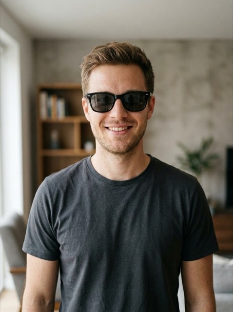 Man wearing black square sunglasses, close to a Wayfarer shape