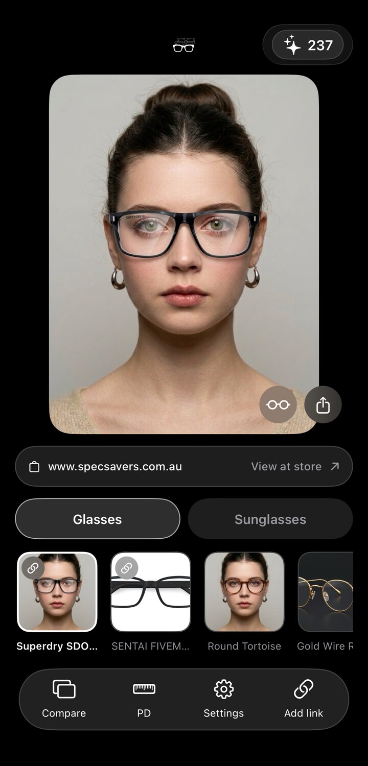 SpecFit showing frames from a pasted Specsavers link rendered on the user's face, with a View at store button