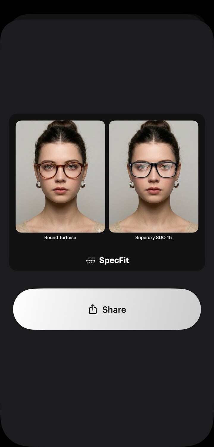 SpecFit compare card: two try-on looks side by side above a Share button