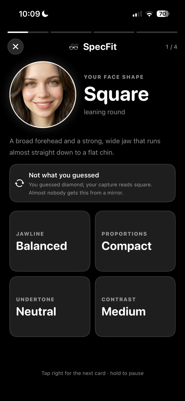 SpecFit face-shape card reading Square, leaning round, with jawline, proportions, undertone and contrast readings and a note that the user guessed diamond