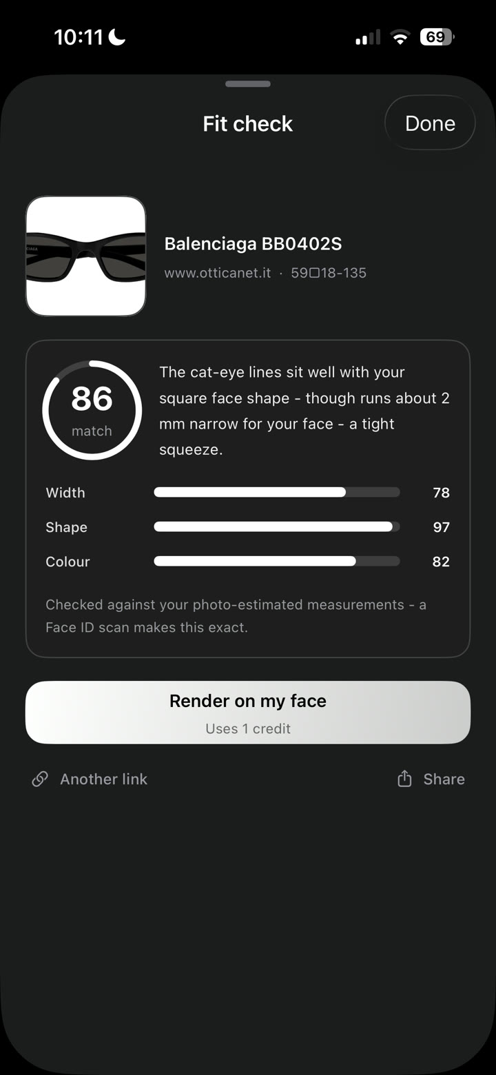 SpecFit fit check: Balenciaga sunglasses from a pasted link scored 86 match, with width, shape and colour bars and a note that they run 2 mm narrow