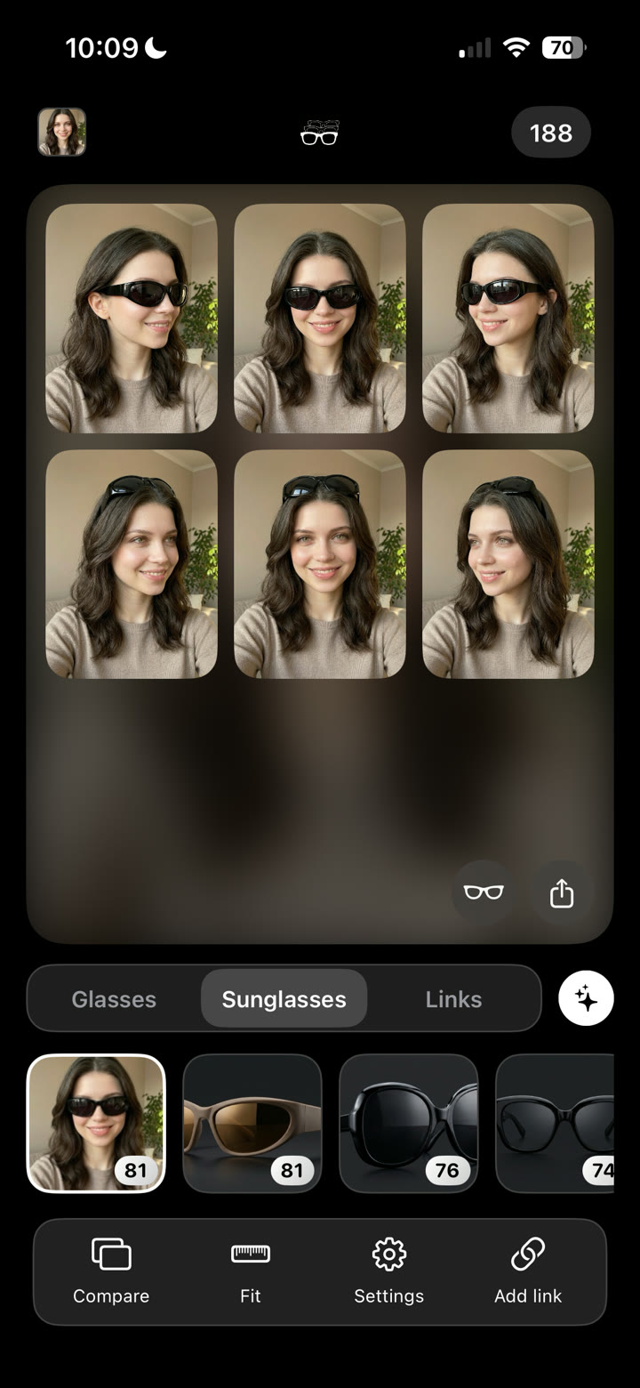 SpecFit try-on gallery: six photoreal renders of the same sunglasses on the user, worn and pushed up on the head
