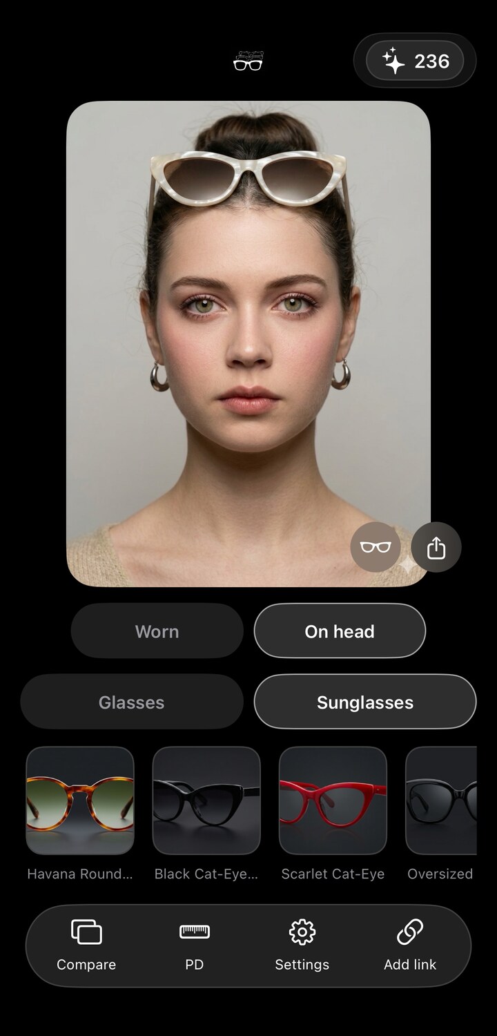 SpecFit rendering sunglasses pushed up on the user's head, with worn and on-head toggles