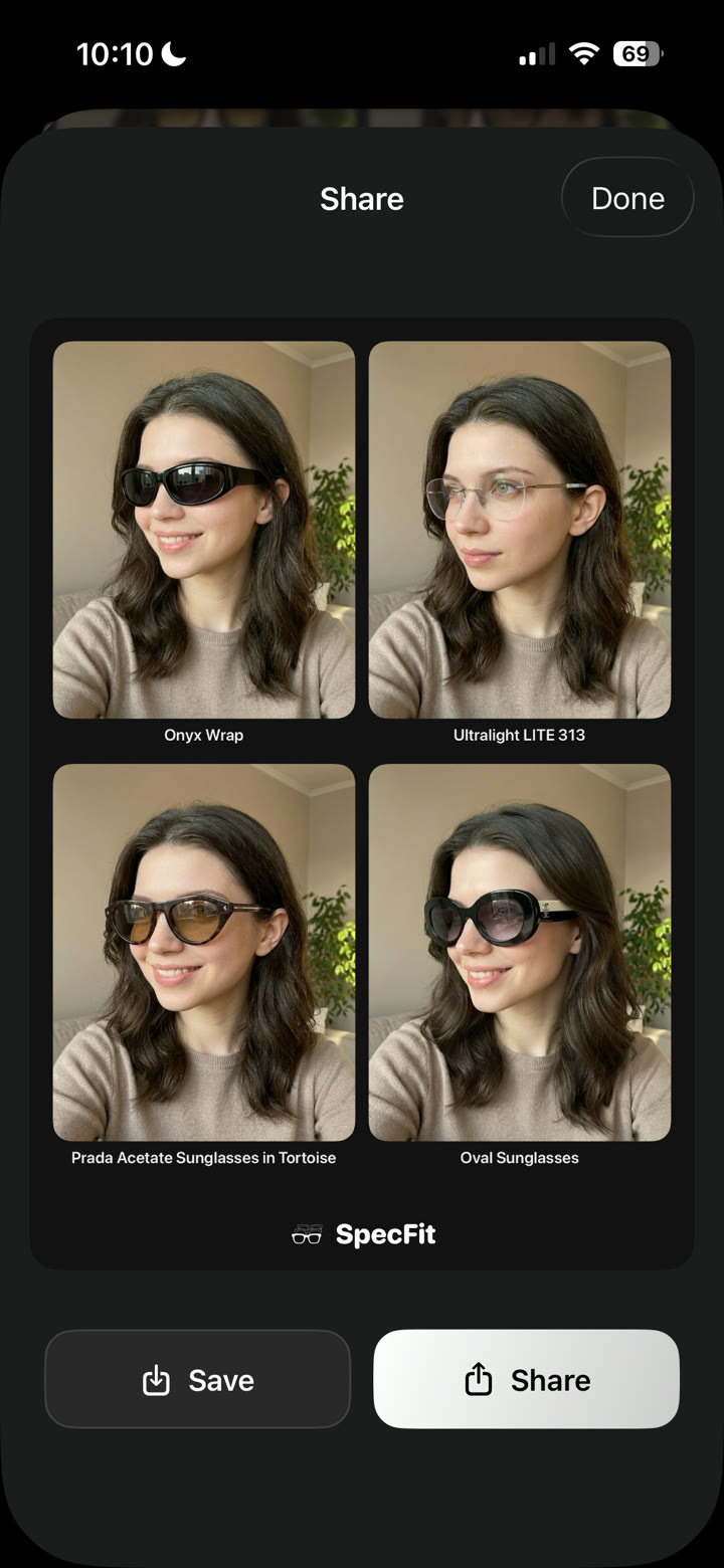 SpecFit share card: four try-on looks in one labelled grid above Save and Share buttons