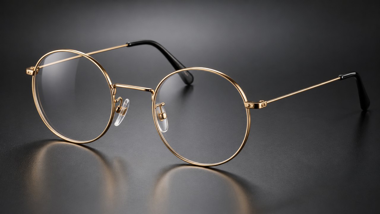 Round gold metal eyeglasses in the style of the Ray-Ban RB3447V Round Metal Optics