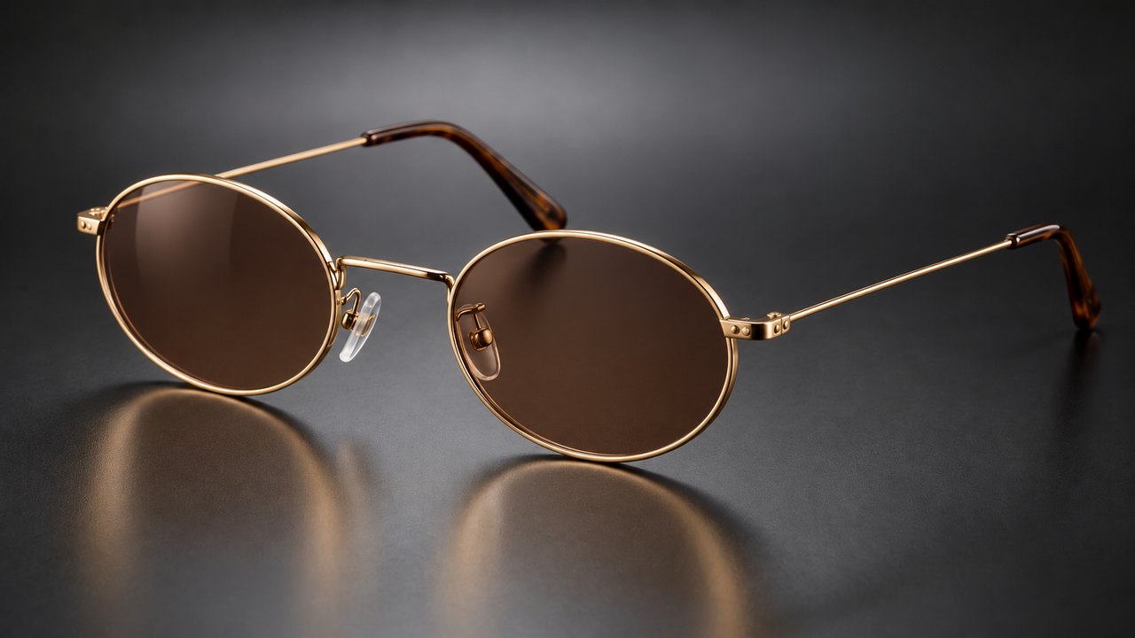 Gold oval metal sunglasses with brown lenses in the style of the Ray-Ban RB3547 Oval Metal